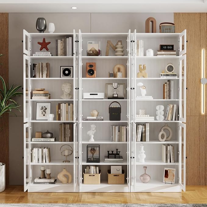 TUSY 85.5" Modern Tall Bookcase with Glass Doors, 7-Tier Wood Bookshelf with Storage for Home Office, Large Curio Cabinet for Living Room, Office, Bedroom, Family Room (White, CCC)