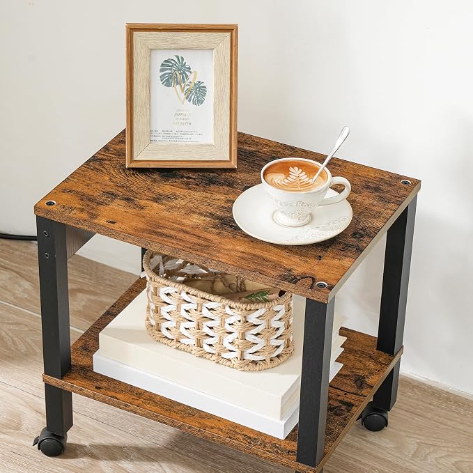 HOOBRO 2-Tier Printer Stand with Charging Station, Under Desk Printer Table, Printer Cart with Storage Shelves, Shelf for Small Spaces, for Home Office, Rustic Brown and Black BF38UPS01