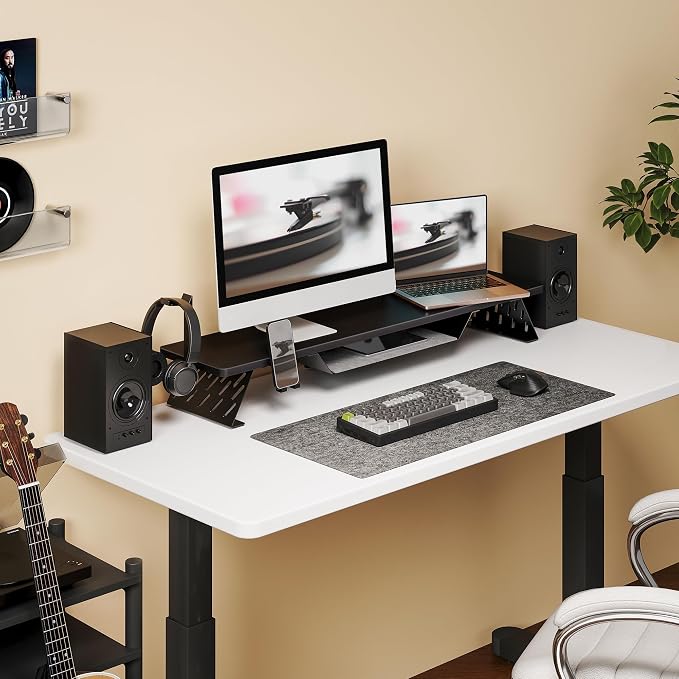 Fenge Dual Monitor Stand, Wooden Desk Shelf with Headphone & Phone Holder | 42.5" Monitor Riser with Storage Shelf, 2-Tier Monitor Shelf with Metal Leg for Home Office Organizer, Black