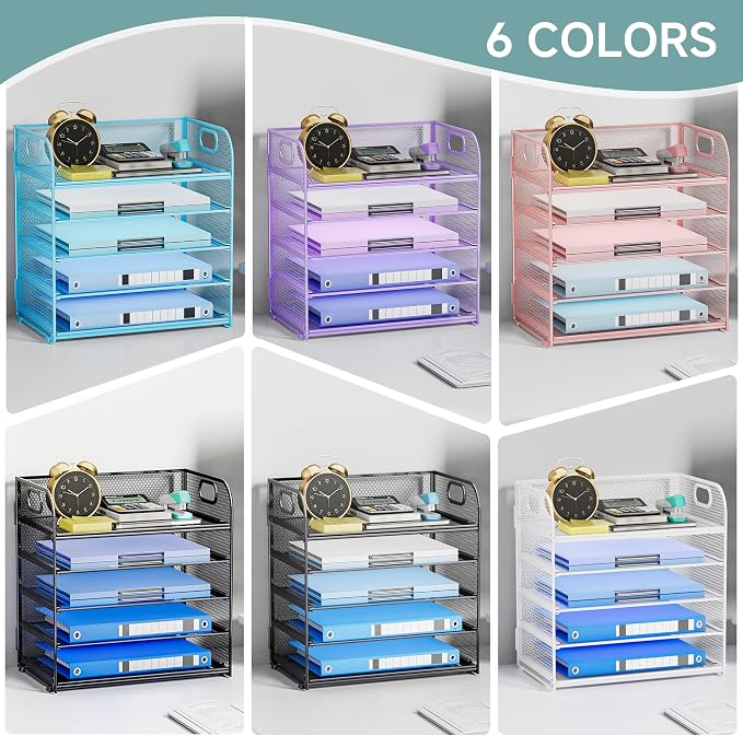 Paper Organizer Letter Tray with Handle Mesh 5-Tier | Stackable Desk Organizer for Files/Paper/Office Supplies, Sturdy Carbon Steel Desk Organizer for Home Office & Classroom