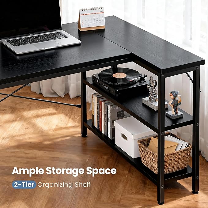 DUMOS 47 Inch L Shaped Desk, Computer Gaming Corner Desks with Shelves | Home Office PC Table, Writing Working Study Desk for Bedroom Dorm, Reversible Design, Black