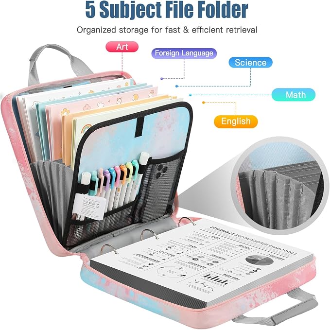 MoKo Zipper Binder, 2 inch 3 Ring Binder with 500 Sheet Capacity Multi-Pocket School Bag with Padded Shoulder Strap Handle, School Supplies Organizer for Middle Student, Orange Pink | Water-repellent 900D Oxford fabric with 5 file folders, 3 mesh pocke...