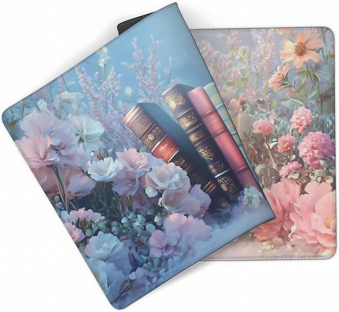 Cute Floral Aesthetic Book Gaming Mouse Pad, Blue Pink Dreamy Desk Mat with Anti-Slip Base & Stitched Edges, Office Supplies & Desk Decor for Women, 35.4" x 15.7" in Home Office Essentials