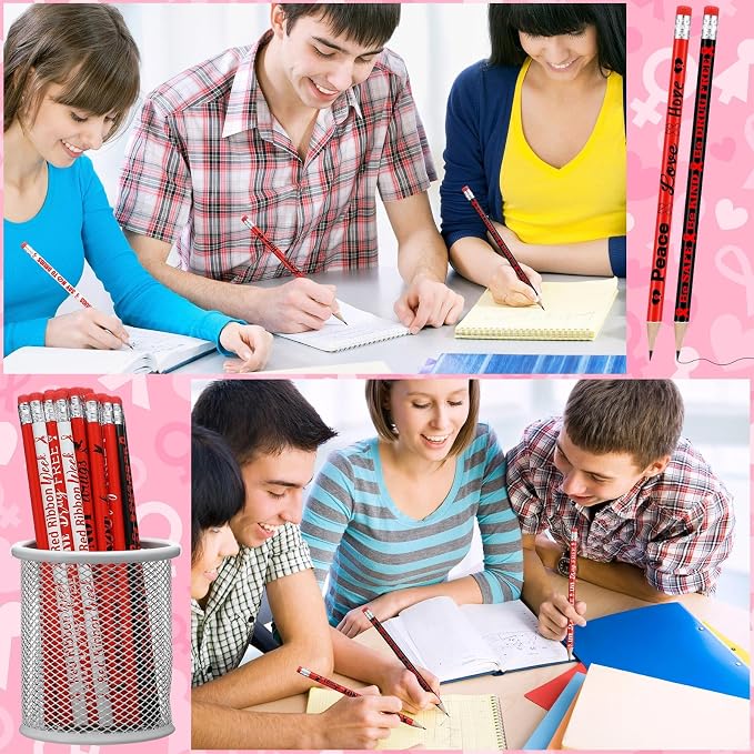 Tenceur 240 Pcs Red Ribbon Week Pencils Awareness Month Supplies 12 Designs Drug Free with Erasers for Teacher Office Volunteer Fundraising Charity Activity