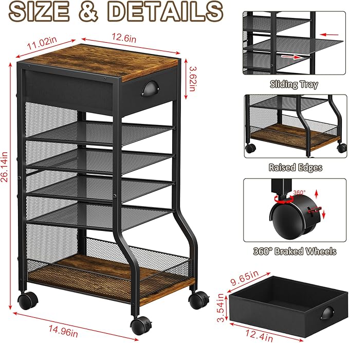 keomaisyto 6-Tier Rolling File Cart with Drawer, Under Desk Storage with Paper Letter Sliding Trays, Standing File Organizer with Wheels, Slim Workspace Organizers for Office/Home/School/Study