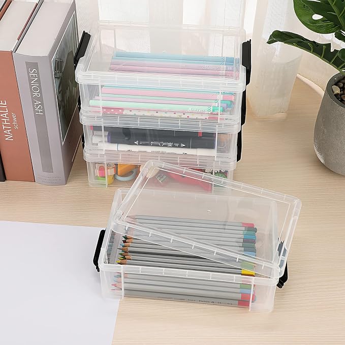 BTSKY 4 Pack Extra Large Plastic Pencil Box Stackable, Translucent, Black | Clear Pencil Caase Crayon Box Set Marker Organizer Art Supply Storage Organizer for Gel Pens Pencils Erasers Tape Markers etc
