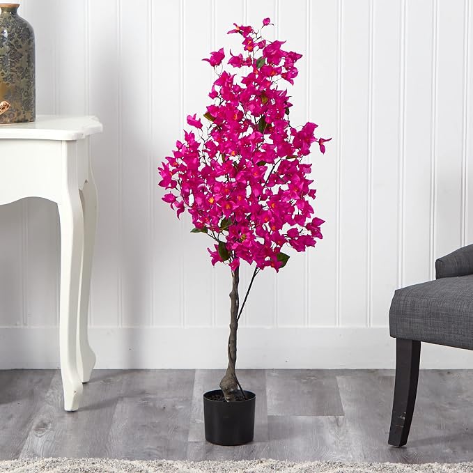Nearly Natural 4ft. Bougainvillea Artificial Tree, Pink, 19 in. W x 9 in. D x 48 in. H | Vividly Colored Flowers, Realistic Brown Trunk, Housed in a Nursery Planter, Indoor Home Office and Kitchen Decor