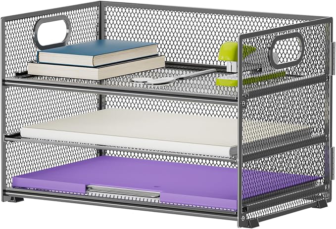 Marbrasse 3 Tier Paper Organizer Letter Tray, Mesh File Organizer with Handle, Paper Sorter Desk Organizer for Home Office Supplies - Gray