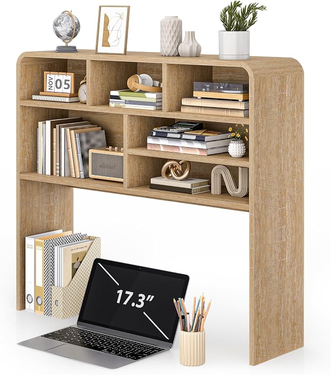 5-Tier Desk Shelf, 37.4''W Desktop Bookshelf for Computer Monitor | Desktop Organizer Shelf Storage Rack with 6 Cubbies, 5-Level Desk Hutch Display Rack for Home, Office, Dorm, Vanity, Natural