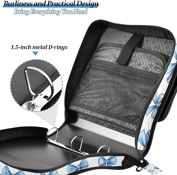 Pretty Blue Bow Zipper Binder with Shoulder Strap Bag 3 Ring Binder Organizer Large Capacity Multiple Compartments for School Office