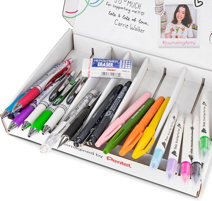 Pentel Carrie Walker Ultimate Journal Mix, Writing and Journaling Kit, Gel Pen/Mechanical Pencil/Marker Variety, 20 Pieces