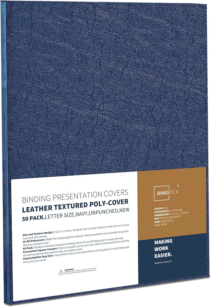 Binditek 16 Mil Leather-Textured Polycovers, 8.5x11 Inches, Navy, 50 Pack | Leather-Textured Binding Covers, 8.5x11 Inches Letter Size, Plastic Binding Presentation Covers, Square Corners, Unpunched