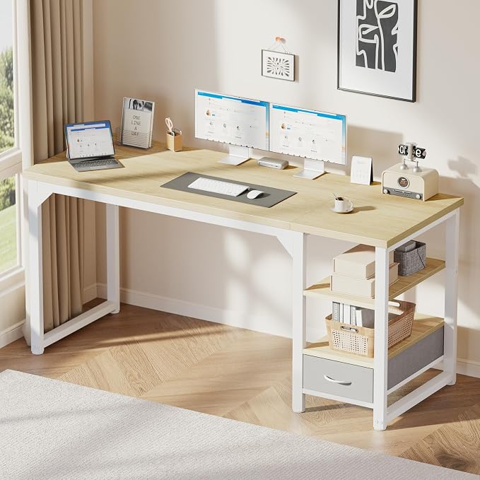 48 in Computer Desk with Drawer, 1" Thick Reversible Office Desk | Modern Writing Table with Storage Shelves, Heavy Duty Industrial Study Desk for Home Bedroom Work