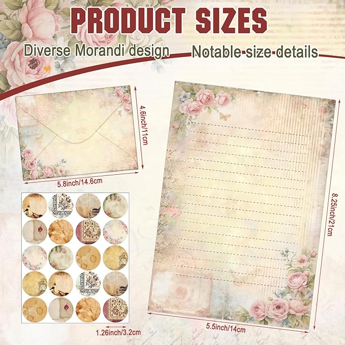 TaoBary 160 Pcs Stationery Paper Set 50 Double Sided Stationery Papers with 50 Matching Envelopes and 60 Round Dot Sticker, 10 Design(Lace Edged Scrapbook,5.5 x 8.25 Inch)