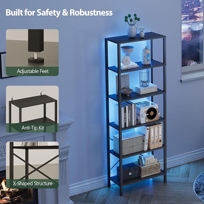 JARHETUN 6-Tier Bookshelf, Tall Bookcase with LED Lights, Book Shelf with Steel Frame, 11.2" x 23.6" x 65.4", Display Storage Shelf for Living Room, Bedroom, Home Office, Study, Black