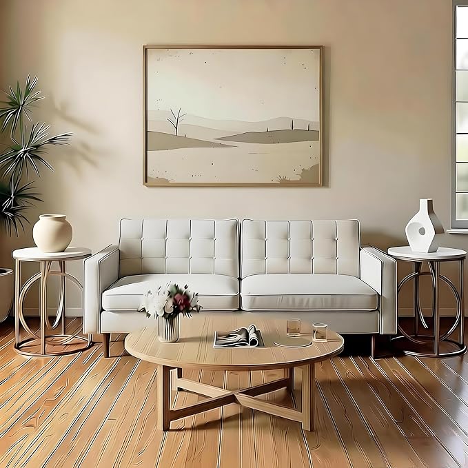 LITTLE TREE 20” Round End Table，Modern Sofa Side Table with Gold O-Shaped Base, Faux Marble White Cocktail Table Accent Table Nightstand for Living Room Bedroom