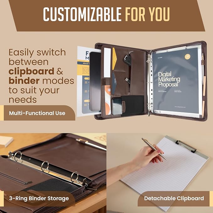 STYLIO Zipper Portfolio | Padfolio 3 Ring Binder (1") and Clipboard Folio (Removable) | Portfolio Organizer for Documents, Tablet, Phone |Faux Leather Binder for Men and Women | Walnut (Brown) Color