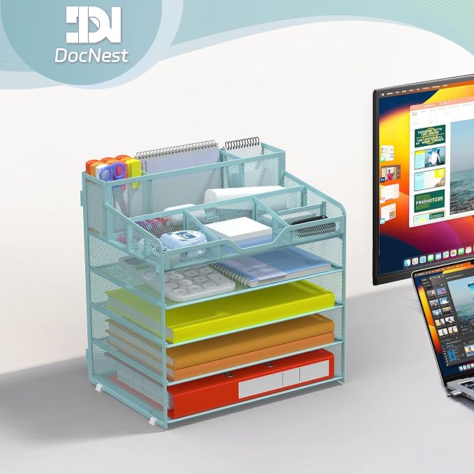 Docnest 5 Tier Mesh Desk Organizer with Letter Tray & Paper Sorter, Blue | Features 3 built-in pen holders & 5 adjustable compartments on top. Includes 4 non-slip rubber feet for desk protection