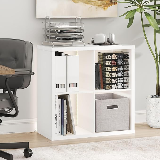 Furinno Cubicle Book Shelf with LED Lights, 4-Cube Bookshelf, Reversible Extra Thick Frame Bookcase, Display Storage Shelves, for Living Room, Bedroom, Home Office, White