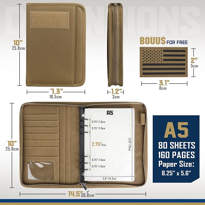 WYNEX Tactical Notebook Padfolio 6 Ring Binder, A5 Refill Paper | M-7.3x10" Zip Hardcover Notebook, 80 Sheets Loose Leaf Paper, 1"O-ring Water-Resistant Planner, for Office College Field Gift