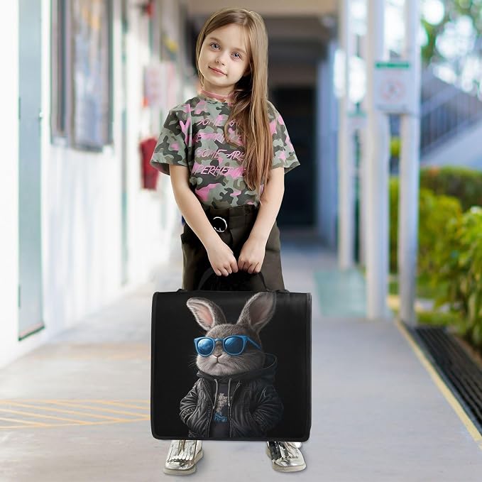 3 Ring Zipper Binder Cool Bunny Binder Organizer Portfolio with File and Shoulder Strap & Handle Large Capacity File Folder