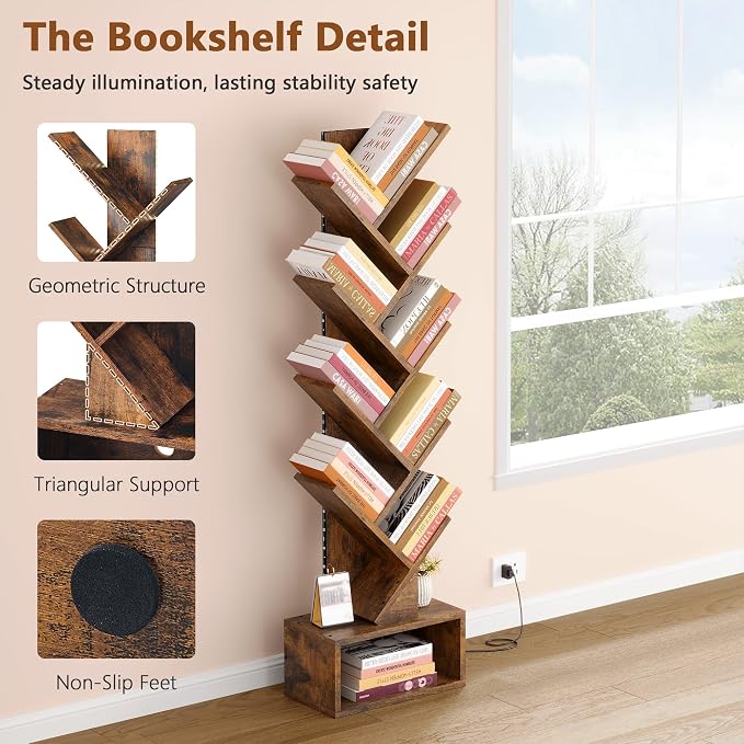 Hoctieon 9 Tier Tree Bookshelf, Tall Bookcase, Freestanding Book Shelf with LED Lights, Display Floor Standing Storage Shelf, Book Organizer Shelves for Home Office, Living Room, Rustic Brown