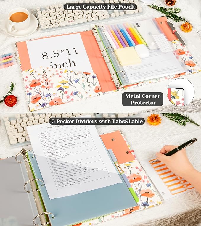 3 Ring 1 Inch Binder Organizer, KLLVE Three Ring Binders with Clipboard, 5-Tabs Pockets Dividers, Plastic Folder, 18 Divider Stikers,Pen Loop (Flora, Letter Size)