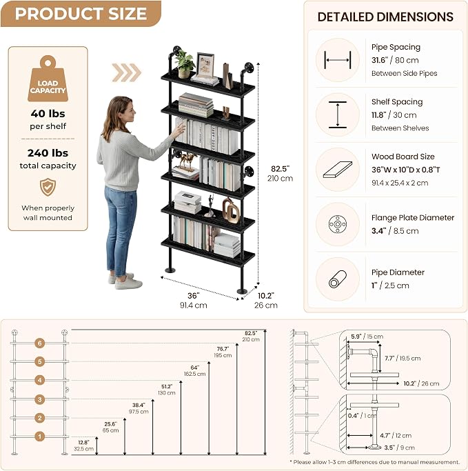 6-Tier LED Ladder Shelf, Wall Mounted Pipe Bookshelf, Black 36 Inch | Solid pine 6-tier wall mounted pipe bookshelf with warm LED lights, 40 lb shelves, for books, plants and decor