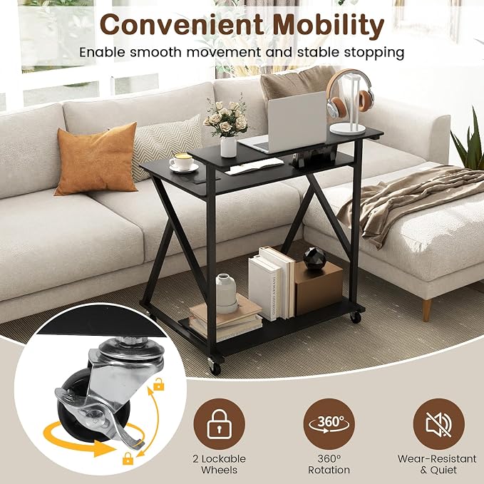 GIANTEX Rolling Small Desk with Storage, Compact Computer Desk for Small Spaces with Charging Station, Monitor Stand, Lockable Wheels, Study Writing Desk for Home Office, Bedroom (Black)