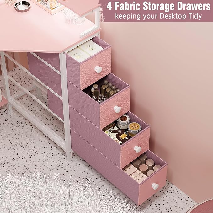 VENNQD Corner Desk with Drawers Shelves for Small Space 90 Degrees Triangle Computer Desk with Power Outlets,Gaming Desk with LED Lights Monitor Stand for Home Office Workstation Writing Table (Pink)
