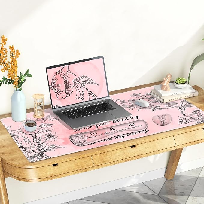 Large Gaming Mouse Pad Pink Floral, Ergonomics Keyboard Desk Mat with Wrist Rest, Cute Extended Game Mousepad, Non-Slip Desk Matt Easy Typing I Inspirational with Positive Quotes Ctrl Alt Del
