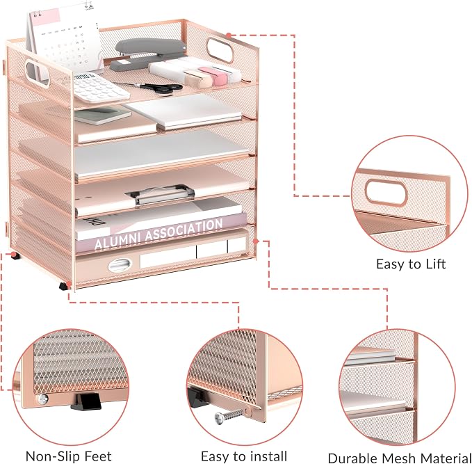 Daltack 6-Tier Paper Organizer for Desk with Handle, Rose Gold | Sturdy Metal Mesh Organizer with Movable Middle Trays and a Carry Handle for Papers, Folders and Office Supplies