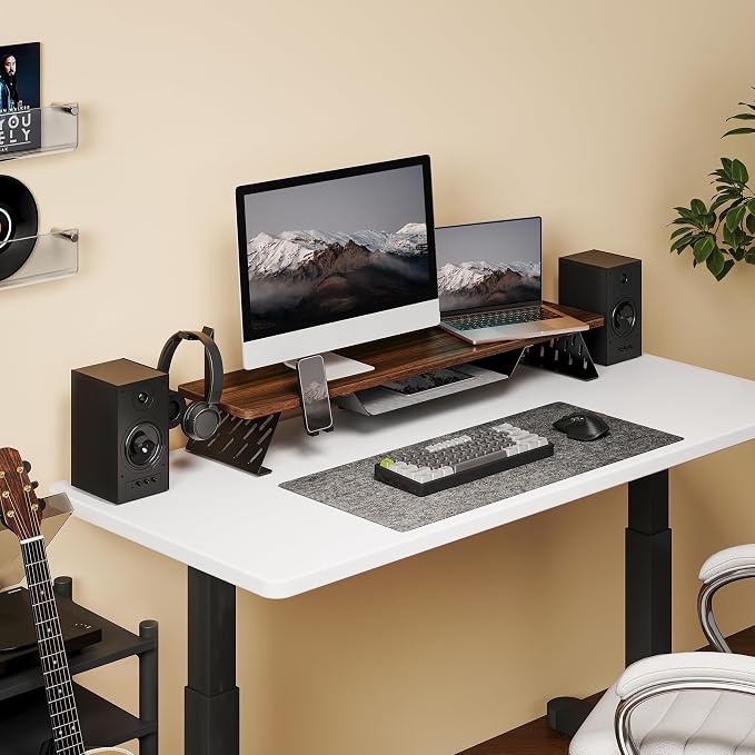 Fenge Dual Monitor Stand, Wooden Desk Shelf with Headphone & Phone Holder | 42.5" Monitor Riser with Storage Shelf, 2-Tier Monitor Shelf with Metal Leg for Home Office Organizer, Brown