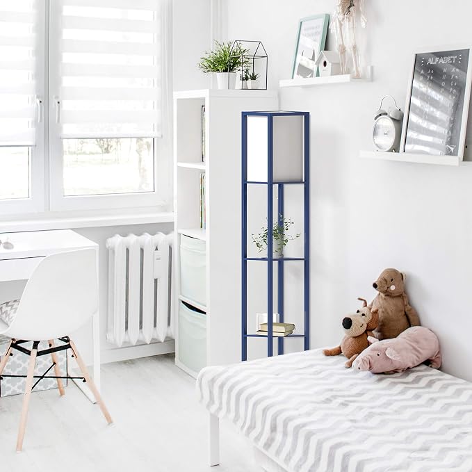 Simple Designs LF1014-NAV Etagere Organizer Storage Shelf Linen Shade Floor Lamp, Navy