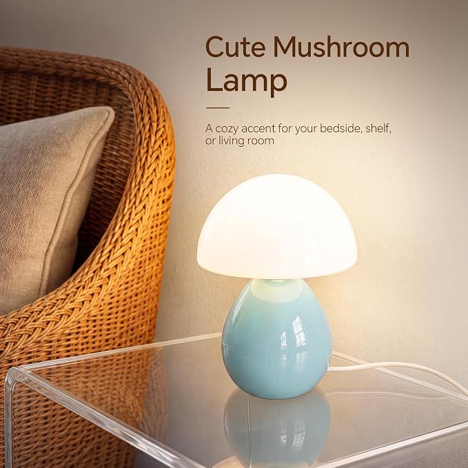 Mushroom Lamp Table Lamp for Bedroom-Small Desk Table Lamps,Blue | Ice Crackle 8.7" Mid Century Modern Table Lamps for Living Room Bedroom Decor,Ceramic Lamps for Home Room Decor,Glass Shade