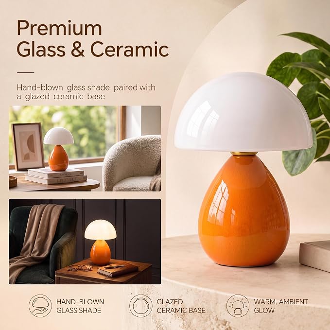 Mushroom Lamp Table Lamp for Bedroom-Small Desk Table Lamps,Orange | Ice Crackle 8.7" Mid Century Modern Table Lamps for Living Room Bedroom Decor,Ceramic Lamps for Home Room Decor,Glass Shade