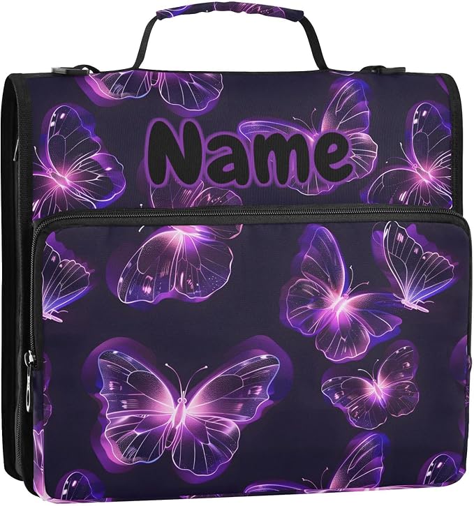 Custom Butterflies Purple Neon 3 Ring Binder Bag 1.5 inch Personalized Name Binder Organizer 500 Sheet Documents Storage for School Office