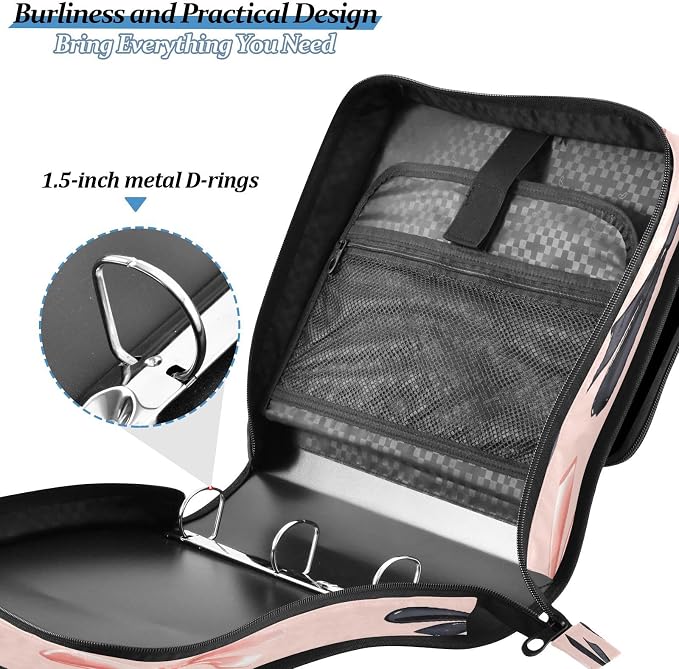 ALAZA Zipper Binder 3 Ring Pink Black Bows Pattern Binder Organizer with Zipper and Shoulder Strap Large Capacity Multi-Pocket Trapper Keeper File Folder for Office Supplies