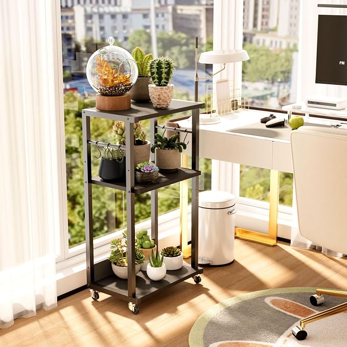 YMYNY 3-Tier Mobile Printer Stand 32.28 * 17.32 * 11.81" Black, HPT002B | Printer Cart with Adjustable Storage Shelf & 6 S-Hooks Tall Printer Table for Home Office,for Computer Tower Stand,Shredder