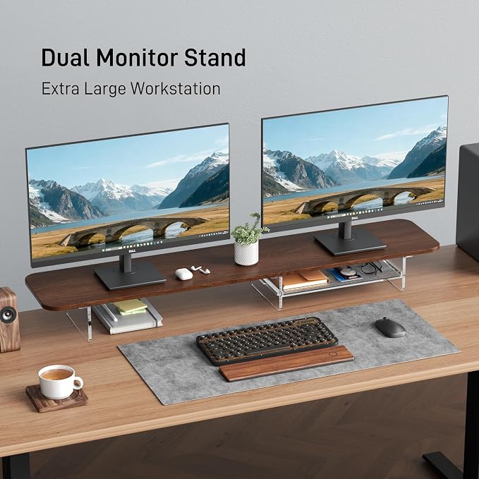 Dual Monitor Stand 43 Inch Extra Large Monitor Riser for Desk, Acrylic Clear Legs Desk Organizer Shelf with Felt Lining Storage Drawer, Compatible with Computer Laptop PC Printer Flat Screen TV