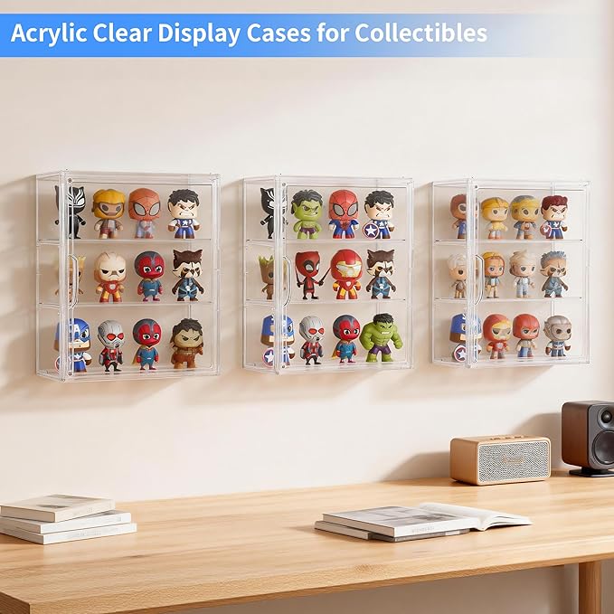 3-Tier Clear Acrylic Display Case for Figures, Wall-Mounted | Magnetic Door, 2 Removable Plates, Stackable Design, High Transparency Box, Display Cases for Collectibles