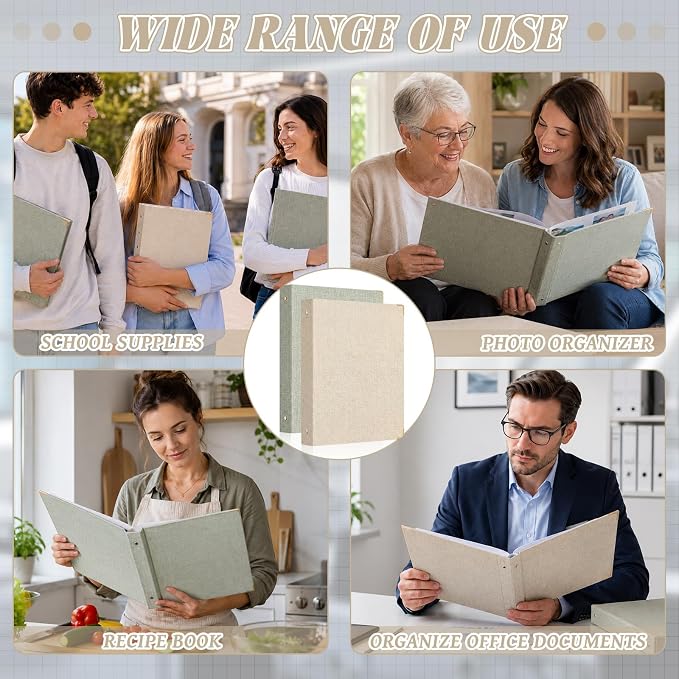 Fulmoon 2 Pcs Aesthetic 3 Ring Binders with Linen Cover 1 Inch Round Rings Binder with Inner Pocket 8.5" x 11" Binder Fits Letter Sized Durable for School Office and Home (Beige, Sage Green)