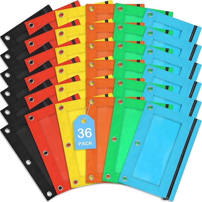 36 Pack Pencil Pouch for 3 Ring Binder 6 Colors for School Office Supplies | Smooth Zipper Pencil Pouch Bulk For School and Office Supplies With Clear Window,Pencil Pouch In 6 Assorted Colors