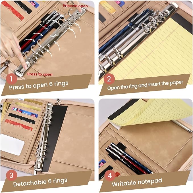 A5 Binder 6 Ring with Zipper, Portable Planner for Travel & Study | Faux leather A5 planner with detachable 6 rings, lined pages, pouches, card slots and pen holder for daily use.