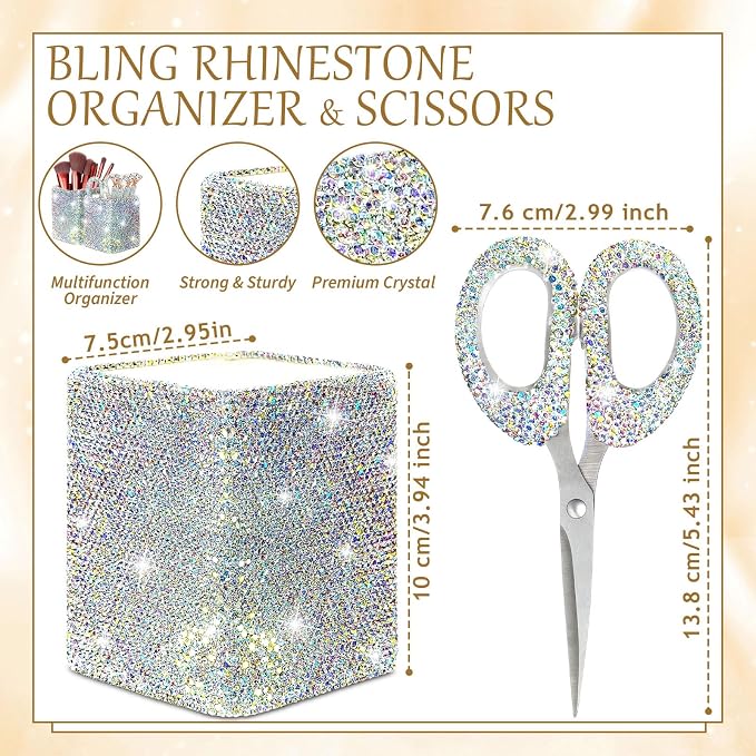 Qilery 8 Pcs Bling Desk Accessories Gift with 1 Bling Pen Holder 6 Pcs Crystal Rhinestone Pens 1 Crystal Scissors Glitter Makeup Brush Holder Valentines Gift Vanity Decor Organizer(Multicolor)