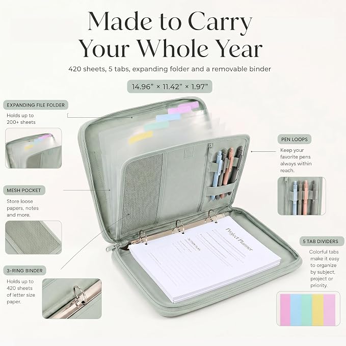 Sturdy 3 Ring Zipper Binder with Strap for School - Beautiful 1 Inch Zip Up Binder with 5-Tab Dividers Holds 420 Sheets, Books & Laptop - Easy to Carry Trapper Keeper Made of Premium Fabrics