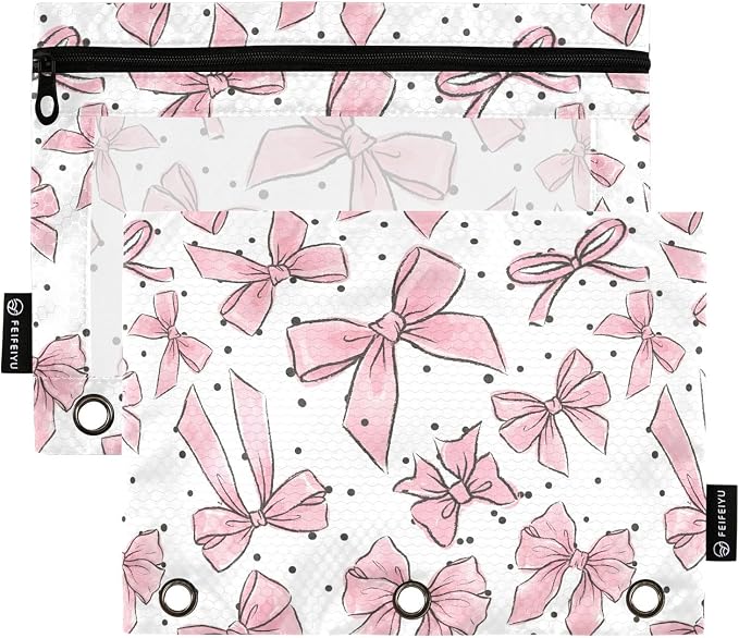 Cute Bows Pink Pencil Pouch for 3 Ring Binder, 2 Pack Waterproof Pencil Bags Clear Window Zipper School Office Supplies