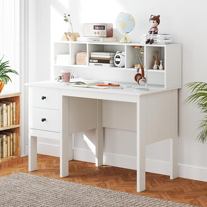Tangkula White Desk with Drawers & Hutch, Modern Home Office Desk Writing Study Desk with Charging Station, Laptop Desk with 5 Storage Compartments, Computer Workstation Makeup Vanity Desk