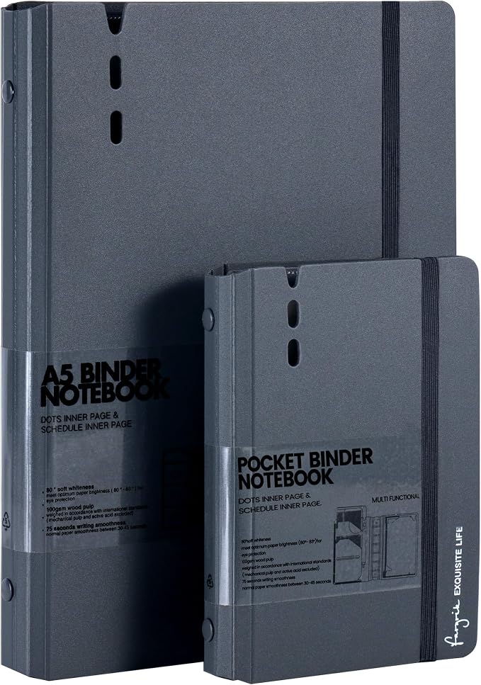 CAGIE 2 Pack A5 & A7 Binder 6 Ring Refillable Notebook, Dividers & Pockets | Daily Hourly Planning Square Ruled and Dotted Pages, Refill Paper Included (Grey, A7 Hourly & A5 Daily)