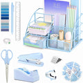 Scindaly Blue Office Desk Accessories Supplies, 10pcs Desk Organizers and Accessories with Tape Dispenser and Stapler,Staples,Scissor,Ruler,Sticky Tabs,Tape,Ballpoint Pen,Clips Set